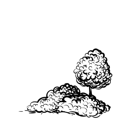 Tree and shrubs on white background hand drawn sketch style illustration. Plants black and white vector monochrome outline imageのイラスト素材