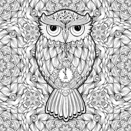 Owl bird isolated with clock face on stomach on white background vector image. Wild night owl bird hand drawn vector illustrationのイラスト素材
