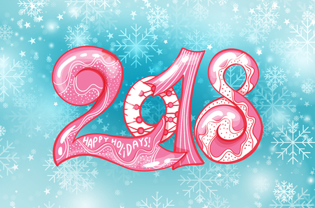 Blue snowflake background,christmas snowfall and cute 2018 numbers. Winter pattern with snowflakes on blue. New Year snowfall advertising banner or postcardのイラスト素材