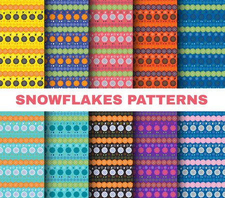 Snowflake pattern set, Christmas ethnic or tribal color winter snowflakes on colorful backgrounds vector illustration.Vector collection for Scrapbooking design. New Year scrap paper set, knitted wrapping paperの写真素材