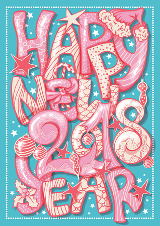Happy New 2018 Year gift vertical postcard with hand lettering. Colorful Xmas letters with pattern.のイラスト素材
