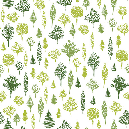Green tree pattern seamless for fabric design. Pattern of hand drawn ink green trees. Vector illustration of different trees.のイラスト素材