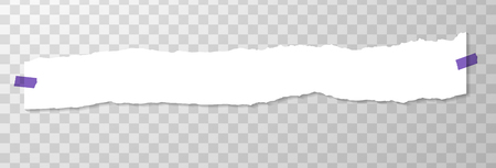 Long Horizontal Torned Off Piece of Paper with Purple Stickers. Empty Page Isolated on Transparent Background. Torned Vector Edge of White Horizontal Paper Banner. Template for Advertising. Vector Illustration with Empty Torn Paperのイラスト素材
