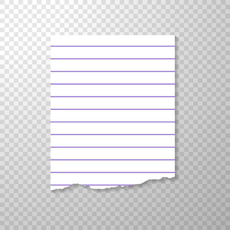 Lined Torn Piece of Paper from Notebook. Clean or Blank Page Isolated on Transparent Background. Torned Piece of White Paper. Vector Illustration with Mockup for your Designのイラスト素材