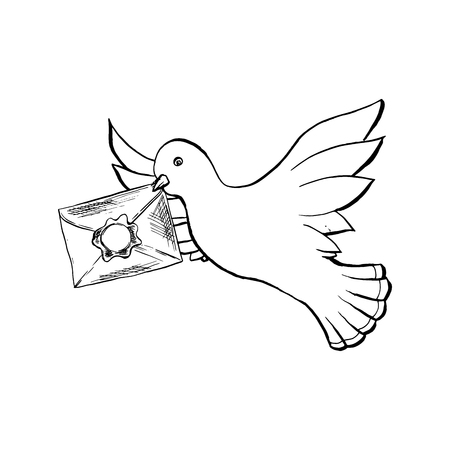 Dove Bird Flying with Envelope in Sketch Style. Outline or Contour Drawing. Hand drawn Vector Isolated Illustration.のイラスト素材