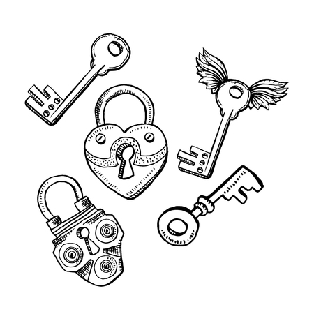 Door Locks or Latch and Keys in Sketch Style. Outline or Contour Drawing. Hand drawn Vector Set Isolated Illustrationのイラスト素材