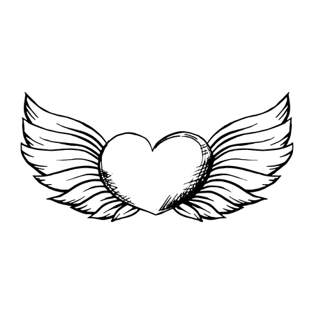 Heart with Wings in Sketch Style. Hand drawn Vector Isolated Illustration. Engraving object.のイラスト素材
