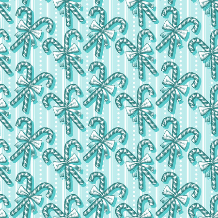 Candy Cane Seamless Pattern. Sketch Christmas Candies On Blue Background Doodle Vintage Vector Illustration. Winter Holidays Decoration With Traditional Sweets Ornamentのイラスト素材