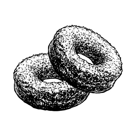 Donuts Sketch Hand Drawn Cakes Retro Pastry Food Sketch Isolated On White Background. Vintage Engraving Doughnut Vector Illustration.のイラスト素材