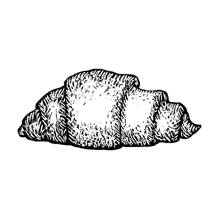 French Croissant Sketch Vector Illustration. Vintage Hand Drawn Bakery Icon Isolated On White Background. Fresh Croissant Breakfast Or Dessert Pastry Engraved, French Cuisine Concept.のイラスト素材