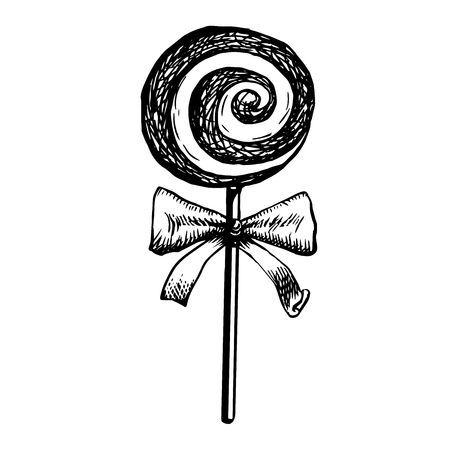 Candy Lollipop Sketch, Doodle Vector Illustration Of Swirl Candy In Twisted Design Isolated On White Background. Hand Drawn Hard Lolly On Stick With Cute Bow Engraving Stripe Caramel.のイラスト素材