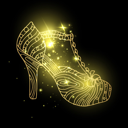 Starry lady sandals or woman T-strap, shining girl shoes. Golden female boots with blinking stars, women clothing accessory in cosmos. Glamor and shopping, vogue and trend, boutique themeのイラスト素材