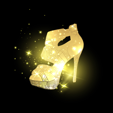 Golden shining woman night shoes with high heels with star blinks. Glowing female footwear at cosmos, trendy girl boots in space. Trend and vogue, clothing and lady accessory, nightlife themeのイラスト素材