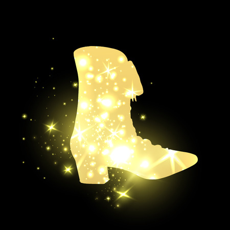 Golden shining woman night shoes with high heels with star blinks. Glowing female footwear at cosmos, trendy girl boots in space. Trend and vogue, clothing and lady accessory, nightlife themeのイラスト素材