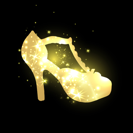 Golden shining woman night shoes with high heels with star blinks. Glowing female footwear at cosmos, trendy girl boots in space. Trend and vogue, clothing and lady accessory, nightlife themeのイラスト素材