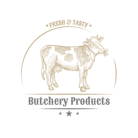 Isolated vintage golden and royal emblem of farm animal. Fresh and tasty Cow meat. Butchery products market. Hand made illustration and lettering. Concept template for branding.のイラスト素材