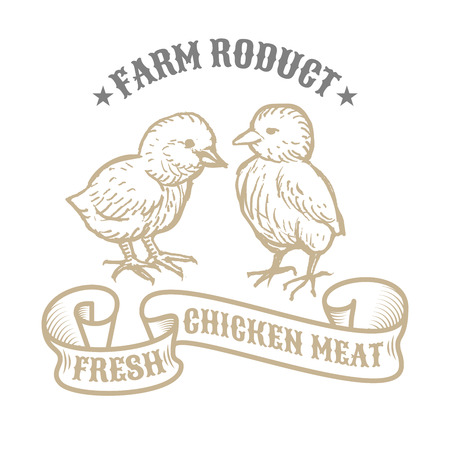 Isolated vintage golden and royal emblem of farm animal. Fresh and tasty Chicken meat. Butchery products market. Hand made illustration and lettering. Concept template for branding.のイラスト素材