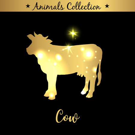 Isolated vintage golden and royal emblem of farm animal. Fresh and tasty Cow meat. Butchery products market. Golden silhouette with lights and lettering. Concept template for brandingのイラスト素材