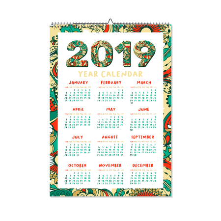 2019 Year Calendar. Xmas or Happy New Year Holiday Design. Isolated Vector Poster with Decorative Doodles Frame. Vertical Templateのイラスト素材