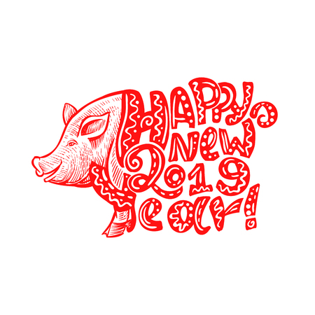 Cute Pig Snout in Red Color with Happy New Year 2019 Lettering. Isolated Swine Astrology Symbol with Patterned Letters. Use for Laser Cutting and Christmas Gift Designのイラスト素材