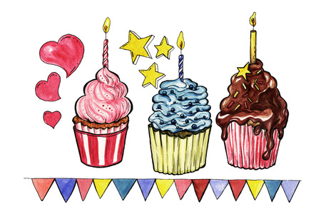 Cupcakes set with blue and pink cream, chocolate cake with candle. Pastry with stars. Bakery isolated design with hearts and flags. Happy birthday, baby shower, anniversary, party or wedding.の写真素材