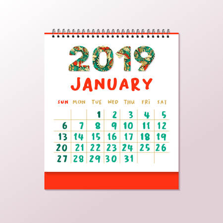2019 Desk Calendar. Vector Horizontal a4 White Printable Template. Colorful Doodles Numbers. Patterned Fill. Contour Drawing, Line Art Trendy Style. Xmas or New Year Theme, Christmas Poster Designのイラスト素材