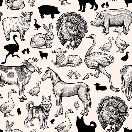 Farm Animals Seamless Pattern. Vintage engraving horse, cow and pork, chicken,duck and ostrich. Turkey,lamb and sheep, horse. Handdrawn Black Sketch Outline vector design for printのイラスト素材