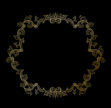 Golden Floral border or Frame for picture. Gold Italian vintage ornament for photo. Isolated Retro divider with swirl for greeting card or wedding. Royal, luxury flourish, headpiece templateのイラスト素材