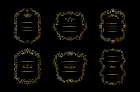Golden floral Borders, Frames Set with place for text. Copy space and dividers or flourishes. Italian gold vintage ornament. Isolated wedding greeting card, certificate and diploma. Headpiece templateのイラスト素材