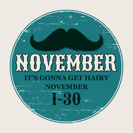 Moustaches Challenge. Aged Retro Poster. Round or Circle Sticker for November Challenge. Black Silhouette and Lettering with Word November. Cinco de Mayo Mustache, Mustache Carnivalのイラスト素材