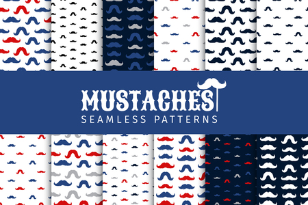 Moustaches Seamless Patterns Collection. November Holiday Wrapping. Mustache Silhouettes for Fabric Textile Design. Hand Drawn Retro Lettering. Cinco de Mayo, Vintage Mustache Carnival Design.のイラスト素材