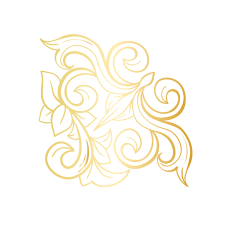 Gold Isolated plant with leaves decorations. Italian flourish baroque ornate for wedding or christmas, certificate. Yellow floral crown or golden wreath. Luxury and victorian, royal and headpieceのイラスト素材