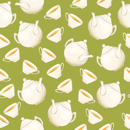 Tea or Coffee Seamless Pattern with Porcelain Teapot and Tea cup in Flat Style. Ready to Print on Fabric Textile, Tablecloth or Paper Gift Wrapping and Scrapbookingのイラスト素材