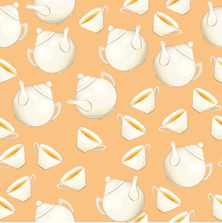 Tea or Coffee Seamless Pattern with Porcelain Teapot and Tea cup in Flat Style. Ready to Print on Fabric Textile, Tablecloth or Paper Gift Wrapping and Scrapbookingのイラスト素材