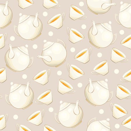 Tea or Coffee Seamless Pattern with Porcelain Teapot and Tea cup in Flat Style. Ready to Print on Fabric Textile, Tablecloth or Paper Gift Wrapping and Scrapbookingのイラスト素材
