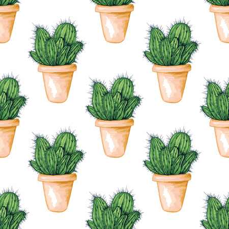 Mexican Cactus Seamless Pattern. Green Color. Spines or Thorns and Flowers. Edible Esculent Cacti Like Saguaro, Indian Fig or Mammillaria. Latin theme for Wallpaper or Fabric Textile Printing Designのイラスト素材