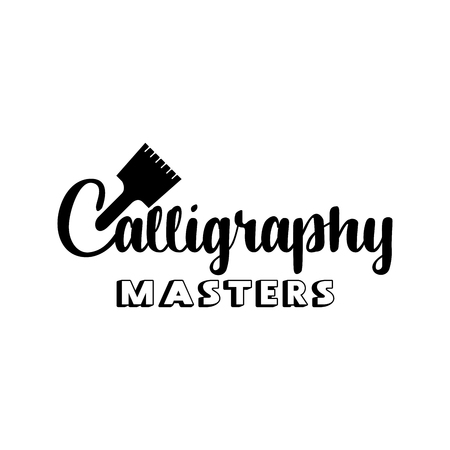 Art company lettering logo isolated design. Calligraphy school, masters, craft shop with hand, calligraphic fonts. Black metal laser cut sign. Art and creativity logotype for shop layout or branding. Isolated vectorのイラスト素材