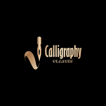 Art classes golden lettering logo design. Calligraphy online education and masters with bronze handdrawn fonts. Gold metal sign on black background. Creativity logotype. Isolated vectorのイラスト素材