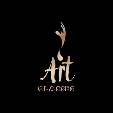 Art classes golden lettering logo design. Calligraphy school and masters with bronze handdrawn fonts. Gold metal sign on black background. Creativity logotype. Isolated vectorのイラスト素材