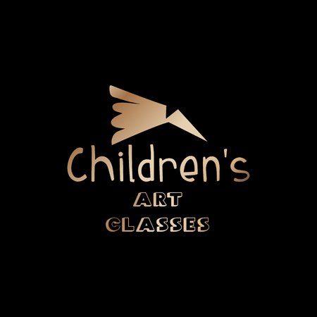 Childrens Art classes golden lettering logo design. Calligraphy school and masters with bronze handdrawn fonts. Gold metal broken pencil sign on black background. Isolated vector logotypeのイラスト素材