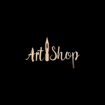 Art classes golden lettering, vecotr logo design for store. Calligraphy school with bronze handdrawn fonts and isolated calligraphic pen. Gold metal sign on black background. Creativity logotype.のイラスト素材
