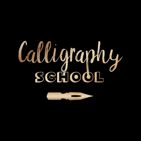 Art classes golden lettering logo design. Calligraphy school and online education with bronze handdrawn fonts. Gold metal calligraphic pen sign on black background. Isolated vector logotypeのイラスト素材