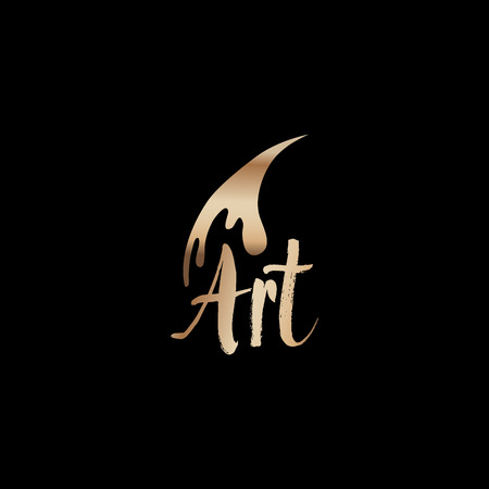 Art classes golden lettering logo design with brush. Calligraphy school and masters with bronze handdrawn fonts. Gold metal sign on black background. Creativity logotype. Isolated vectorのイラスト素材
