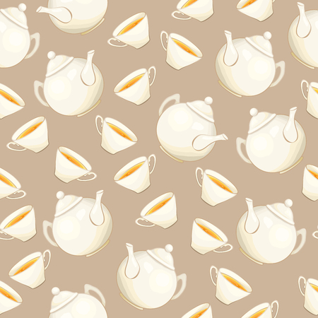 Tea or Coffee Seamless Pattern with Porcelain Teapot and Tea cup in Flat Style. Ready to Print on Fabric Textile, Tablecloth or Paper Gift Wrapping and Scrapbookingのイラスト素材