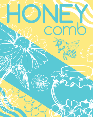 Poster with bee and fresh honey. Sketch honeycomb theme. Brochure cover for healthy nutrition market or shop, store with beeswax. Insects food retail themeのイラスト素材
