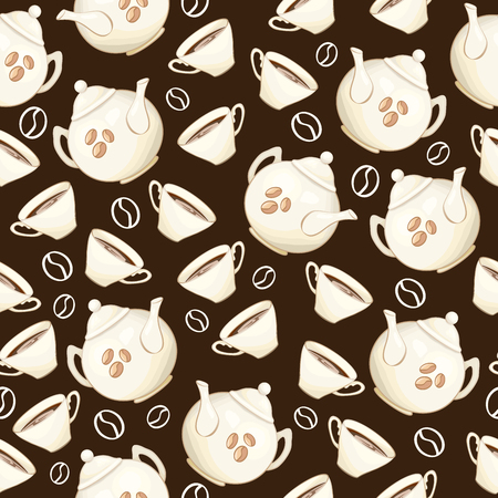 Tea or Coffee Seamless Pattern with Porcelain Teapot and Tea cup in Flat Style. Ready to Print on Fabric Textile, Tablecloth or Paper Gift Wrapping and Scrapbookingのイラスト素材