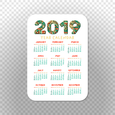 2019 Pocket Calendar Basic Grid. Vector Vertical Orientation. White Printable Template on Transparet Background. Doodles Numbers. Week starts on Sunday. Xmas or New Year Theme, Christmas Poster Designのイラスト素材