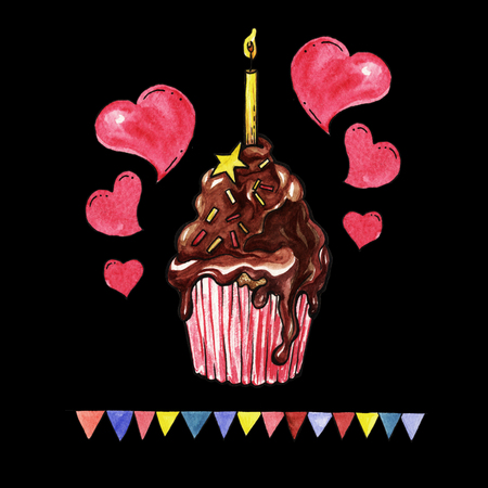 Red Cupcake with cream. Chocolate cake with candle, pastry with icing and hearts or bakery design with flags. Banner for happy birthday celebration and anniversary, party and wedding. Black Backgroundの写真素材
