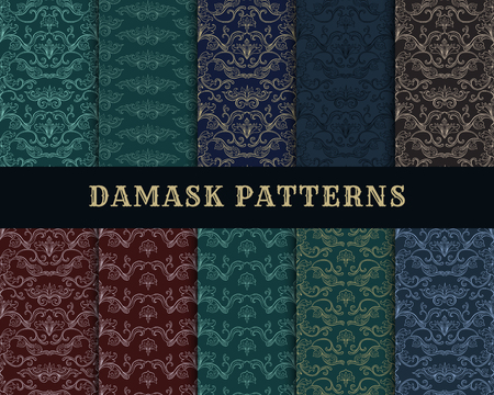 Damask Vector Seamless Pattern Collection. Vintage Style Wallpaper, Carpet or Wrapping Paper Design. Italian Medieval Floral Flourishes, Green Greek Flowers for Textures. Baroque Leavesのイラスト素材