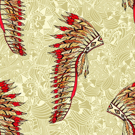 Feather hat seamless pattern. Indian headdress realistic drawing and ethnic ornaments. Native American painted feather warbonnet. Thanksgiving and Halloween costume item.の写真素材